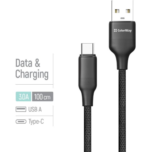Фото - Кабель Colorway USB - Type-C (TPE embossed) 3А 1м Black (CW-CBUC101-BK)